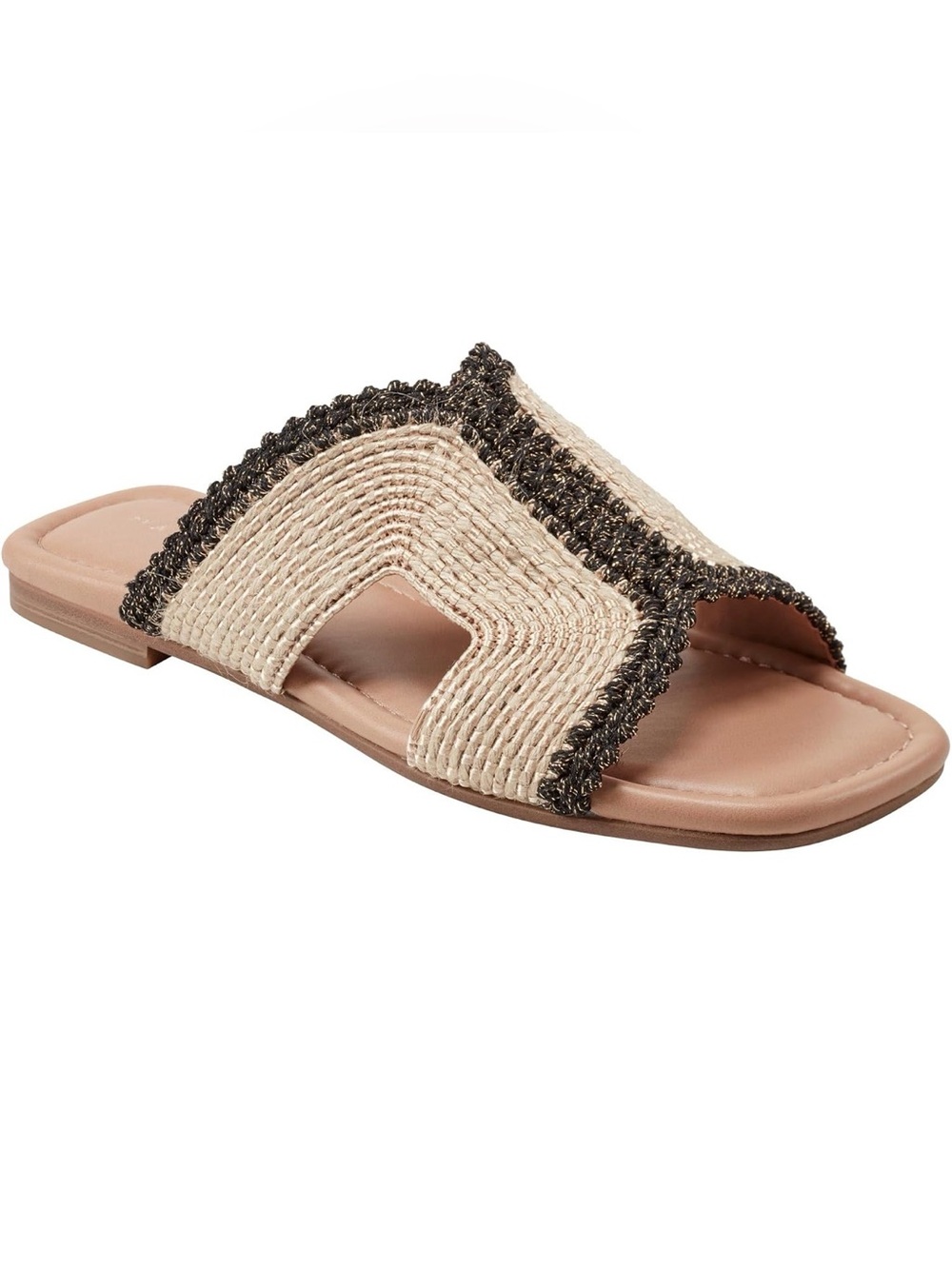 Marc Fisher Beige Raffia Slide Sandal with Black Braided Edge NWOT